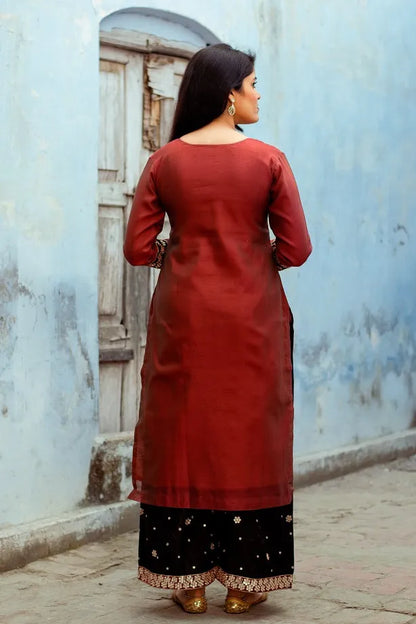 Maroon Chanderi Kurta with zardozi,Black Chanderi Dupatta with zardozi and Black  Palazzo