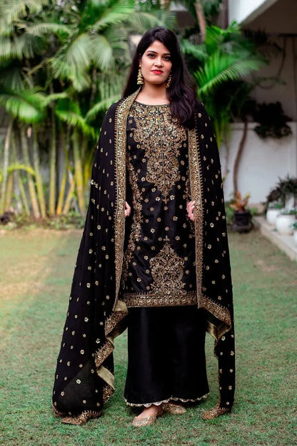 Black Silk Kurta with zardozi, Black Georgette dupatta and black Palazzo