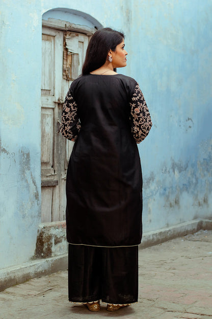 Black silk kurta with zardozi work,black chiffon dupatta and black palazzo