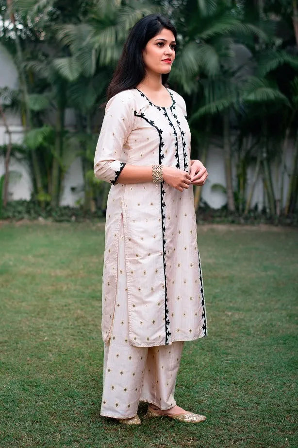 off white cotton silk kurta and palazzo,black chanderi dupatta with apllique work