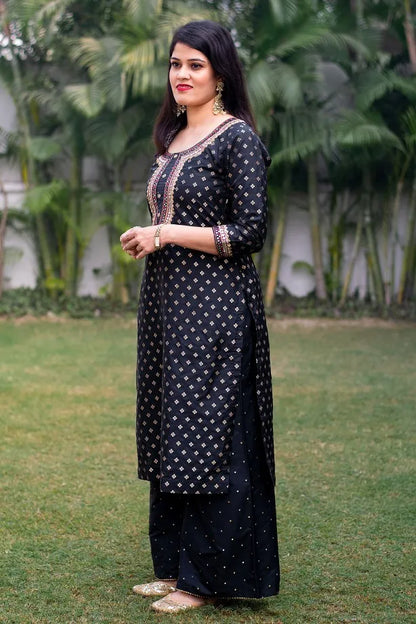 Black Silk Kurta with Zardozi,Black Chanderi Dupatta and Black Palazzo