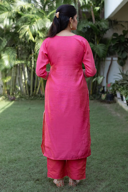 Pink Silk Zardozi & Applique Work Kurta with Chanderi Dupatta and Pink Trousers