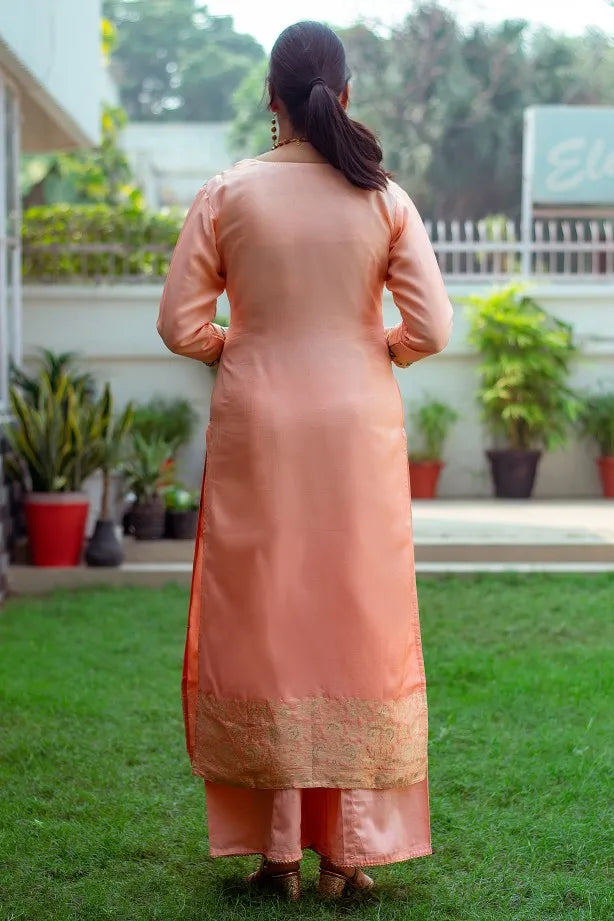 Peach banarasi silk zardozi work kurta and dupatta with peach palazzo