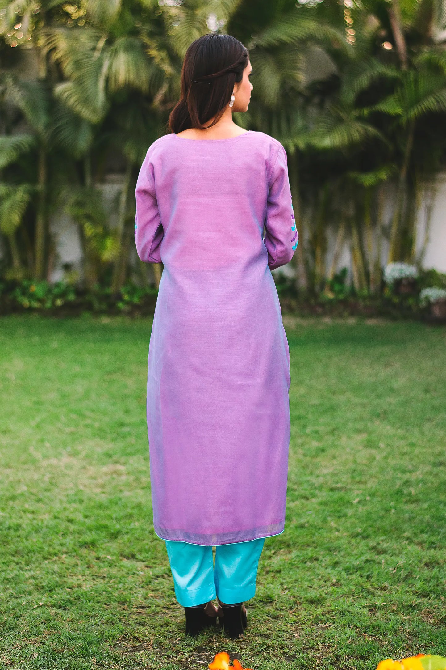 Lavender Kurti Set with Chanderi Applique Work Kurta, Dupatta and Blue Trousers