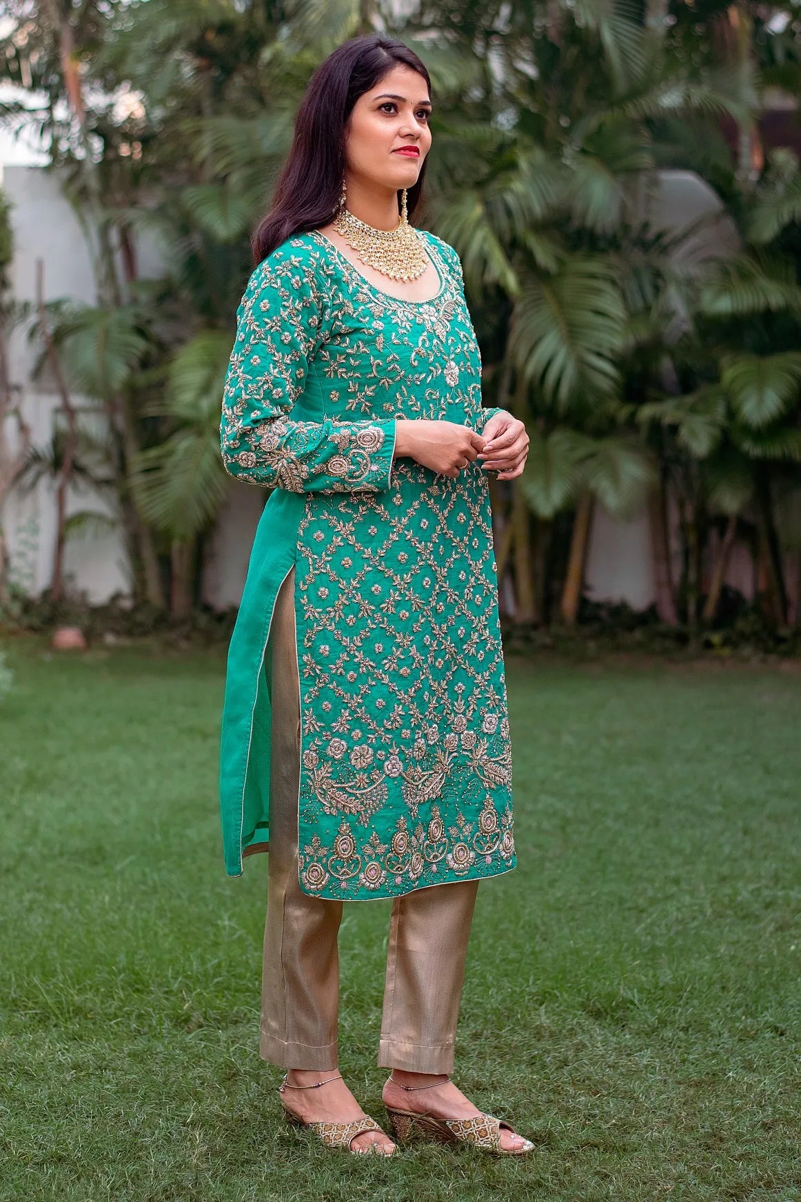 Sea-green chanderi zardozi work kurta and dupatta with golden trousers