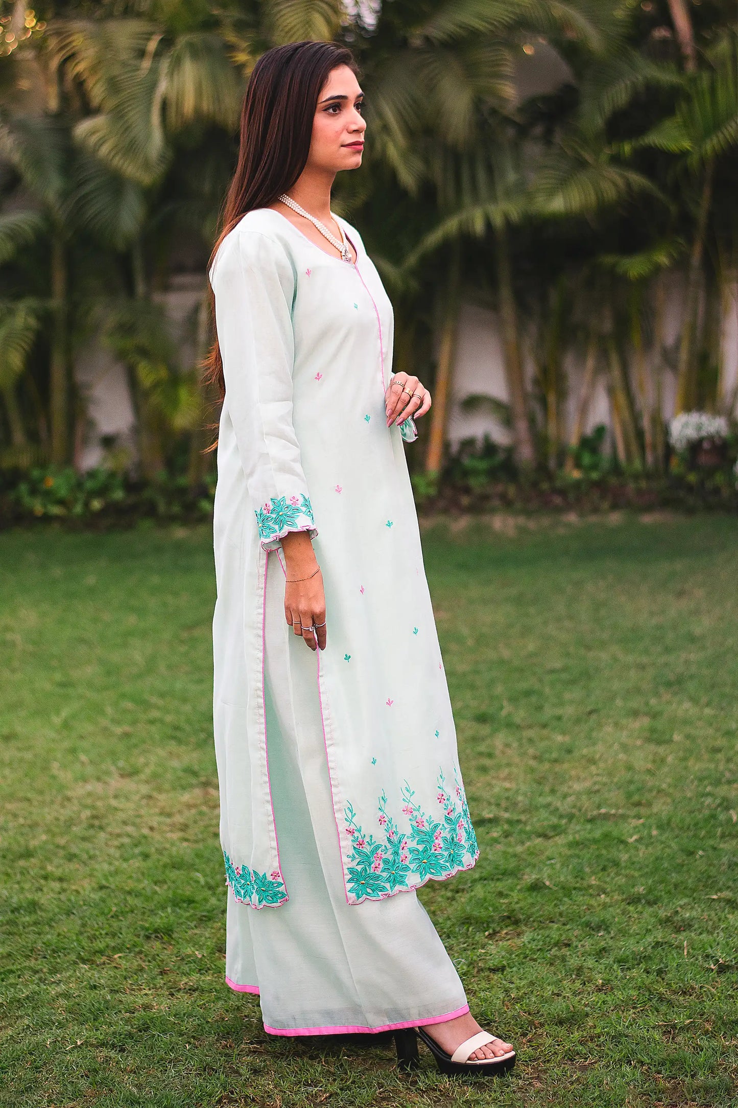 Sea-green chanderi resham embroidered kurta and dupatta with sea-green palazzo