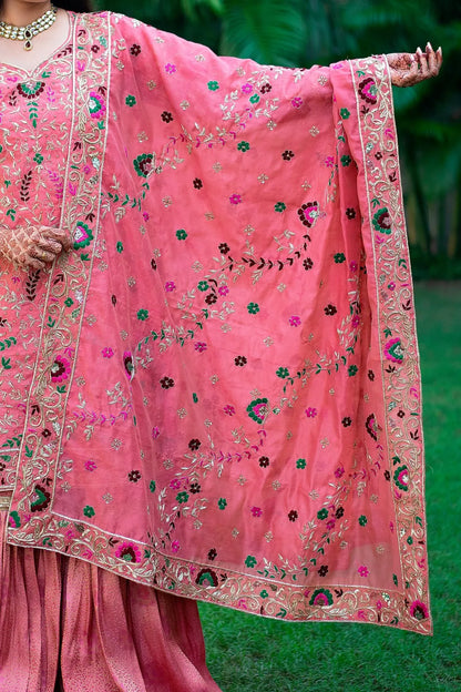 Pink Brocade Gharara with pink chanderi top & dupatta with resham & zardozi work