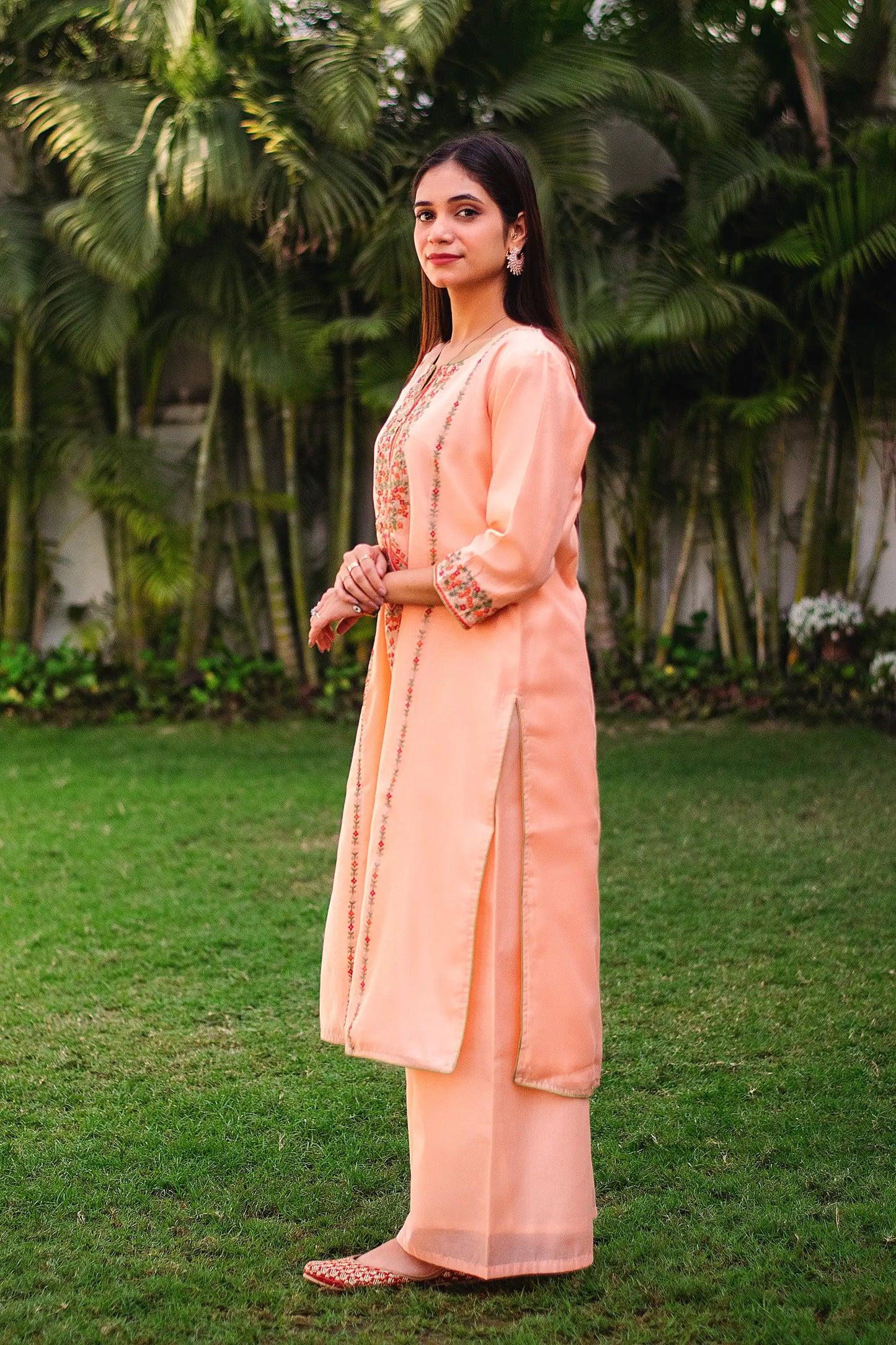 Peach Chanderi Resham Embroidered Kurta And Palazzo With Peach Chanderi Dupatta