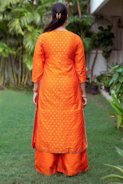 Orange colour silk angrakha kurti with zardozi, orange silk palazzo and orange dupatta