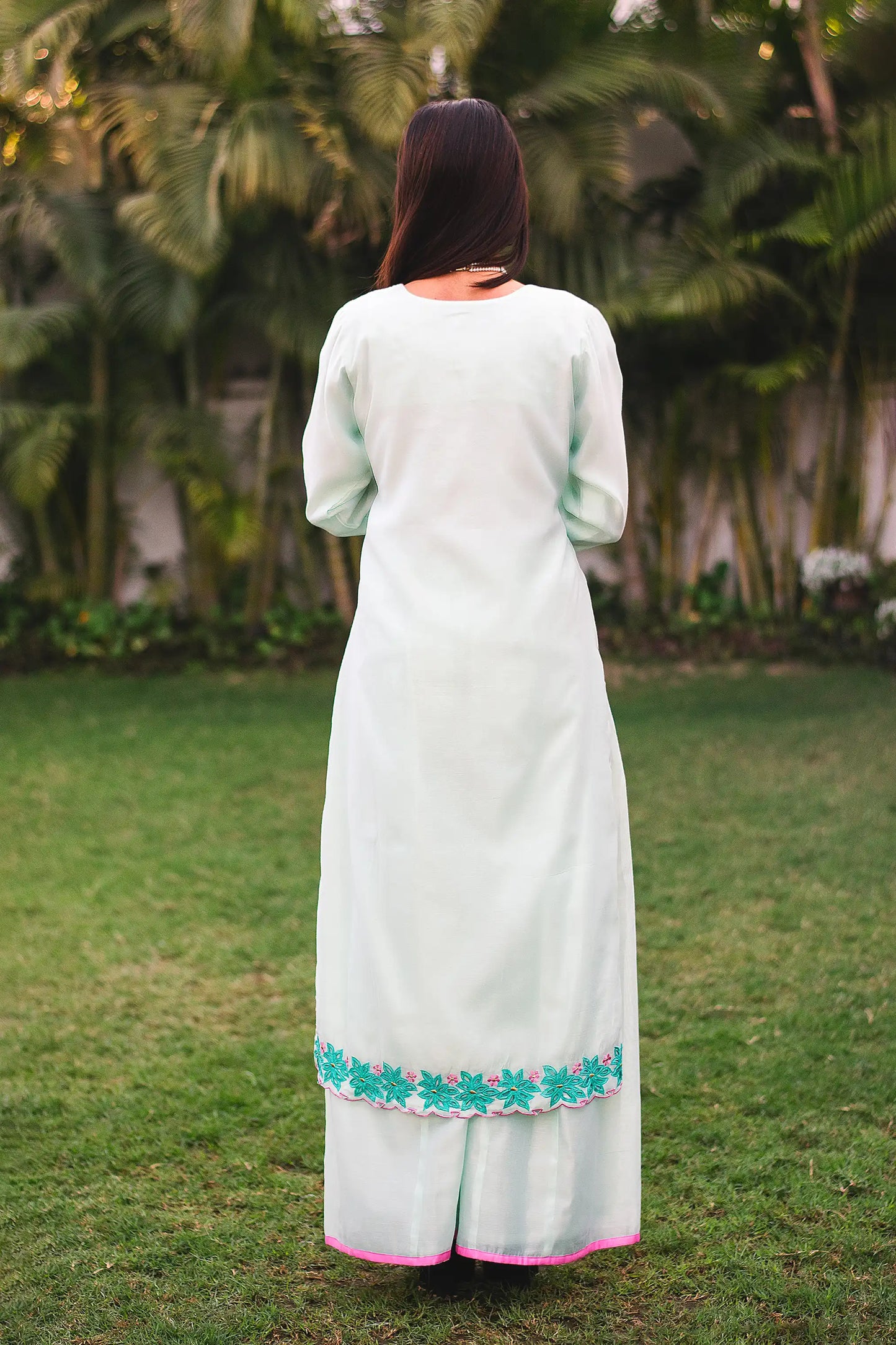 Sea-green chanderi resham embroidered kurta and dupatta with sea-green palazzo