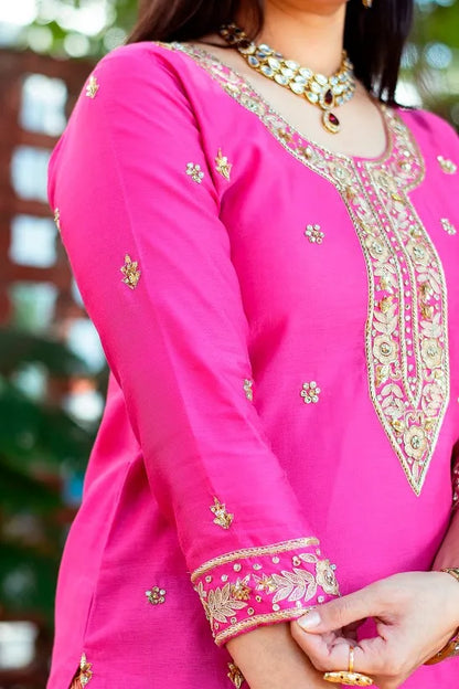 Pink brocade sharara,chanderi kurta and dupatta with zardozi work