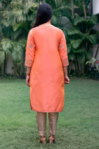 peach chanderi zardozi resham and zardozi work kurta & dupatta with peach trousers