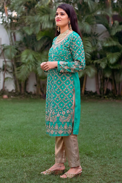 Sea-green chanderi zardozi work kurta and dupatta with golden trousers