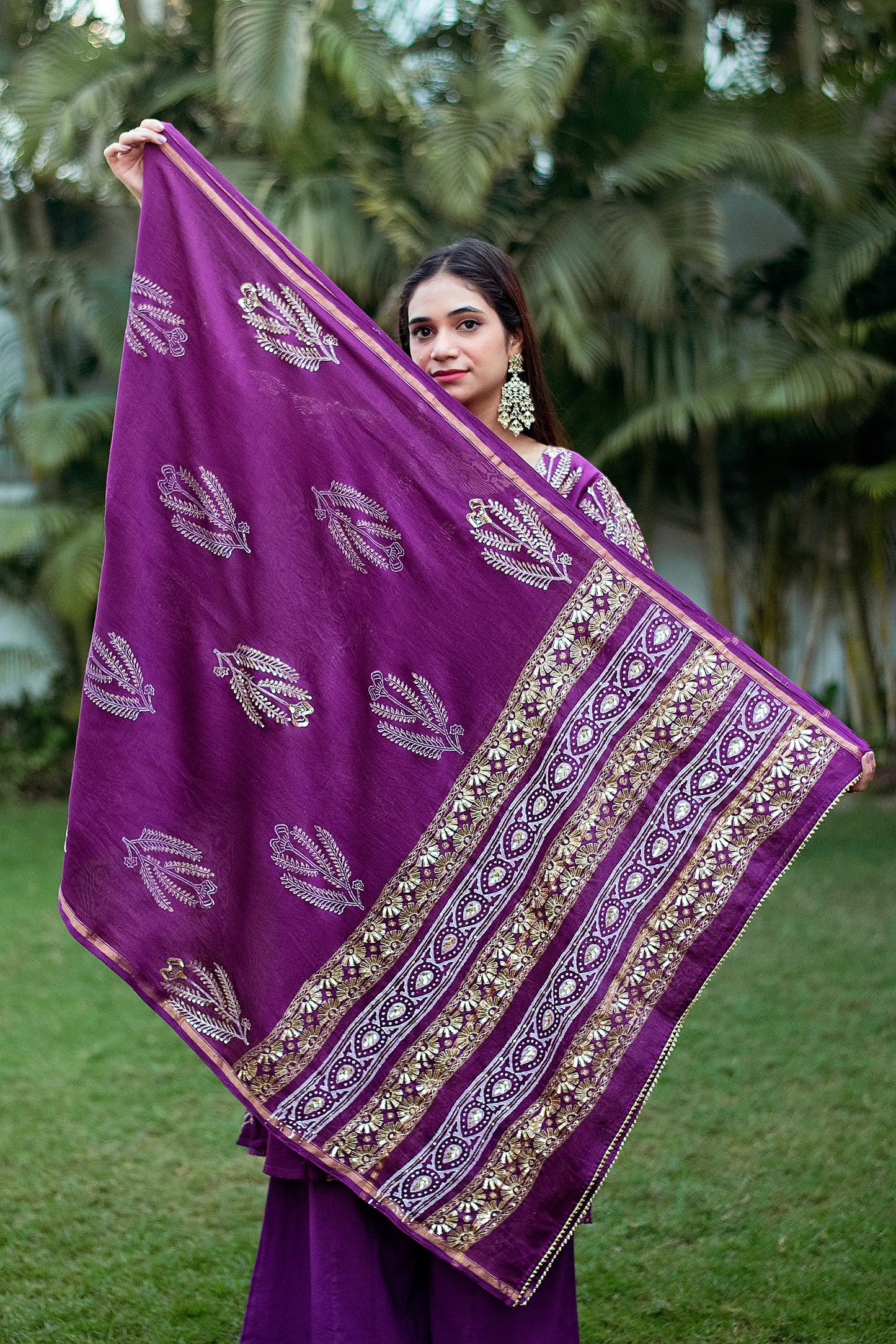 Purple Maheshwari Resham & Zardozi Work Kurta & Dupatta With Purple Palazzo