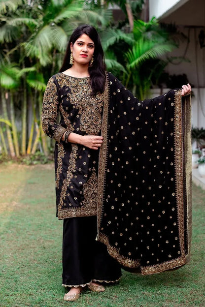 Black Silk Kurta with zardozi, Black Georgette dupatta and black Palazzo