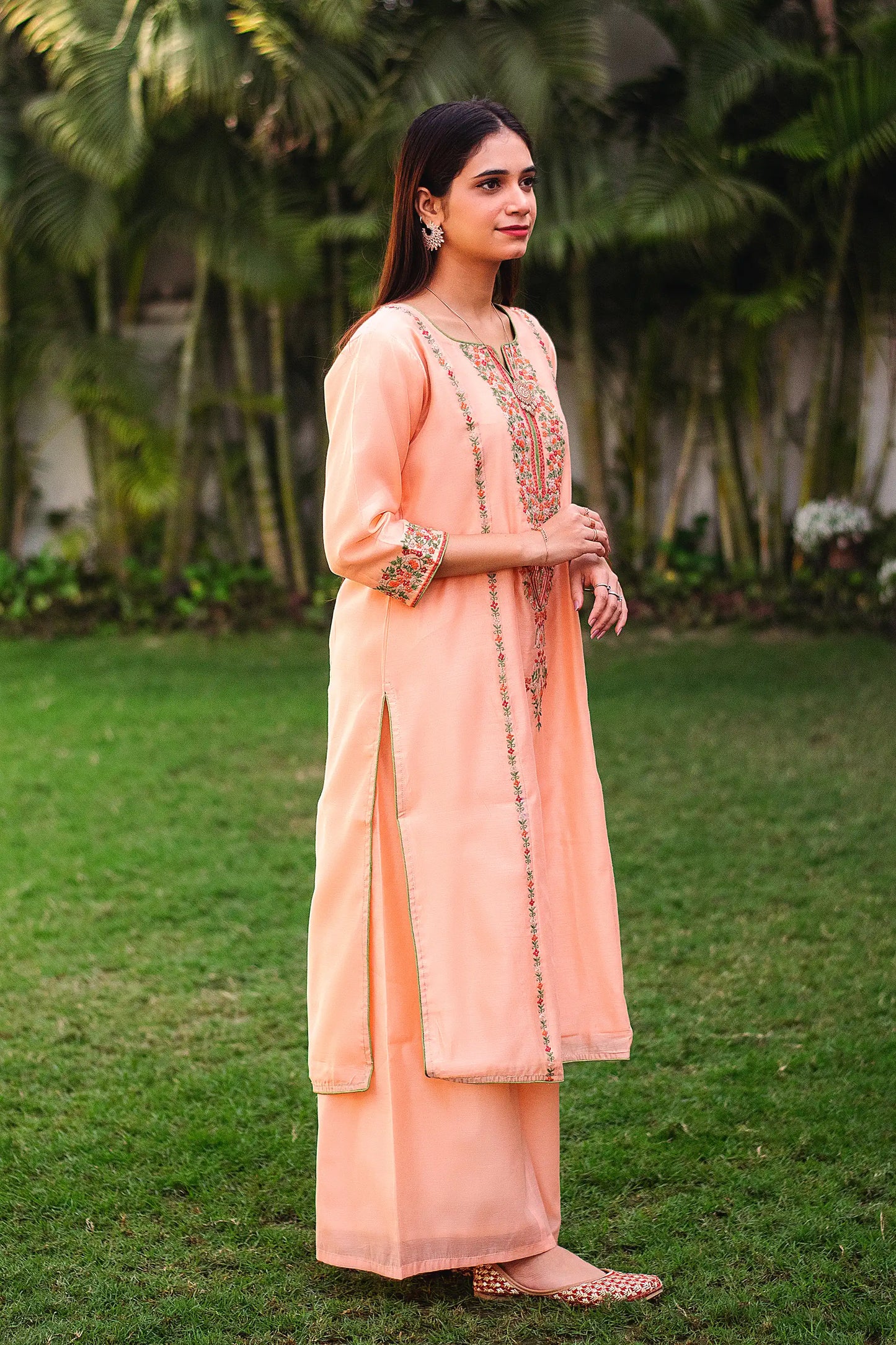 Peach Chanderi Resham Embroidered Kurta And Palazzo With Peach Chanderi Dupatta