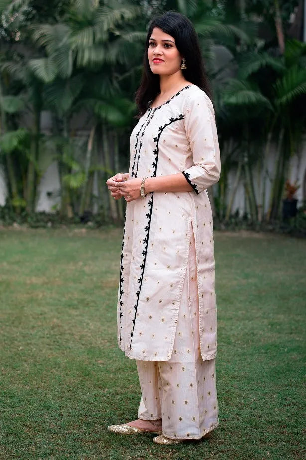 off white cotton silk kurta and palazzo,black chanderi dupatta with apllique work