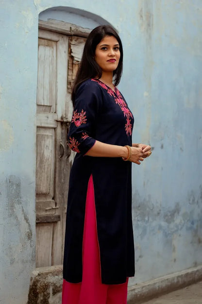 blue chanderi applique work kurta & dupatta and magenta  palazzo