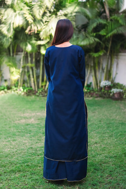 Navy Blue chanderi resham embroidered kurta and dupatta with Navy blue palazzo