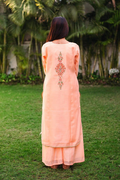 Peach Chanderi Resham Embroidered Kurta And Palazzo With Peach Chanderi Dupatta