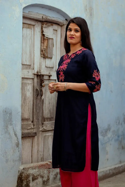 blue chanderi applique work kurta & dupatta and magenta  palazzo