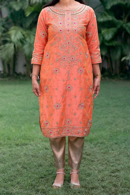 peach chanderi zardozi resham and zardozi work kurta & dupatta with peach trousers