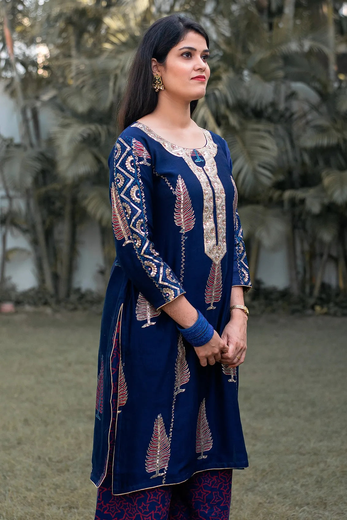 Blue Maheshwari Resham & Zardozi Work Kurta & Dupatta with Blue Palazzo