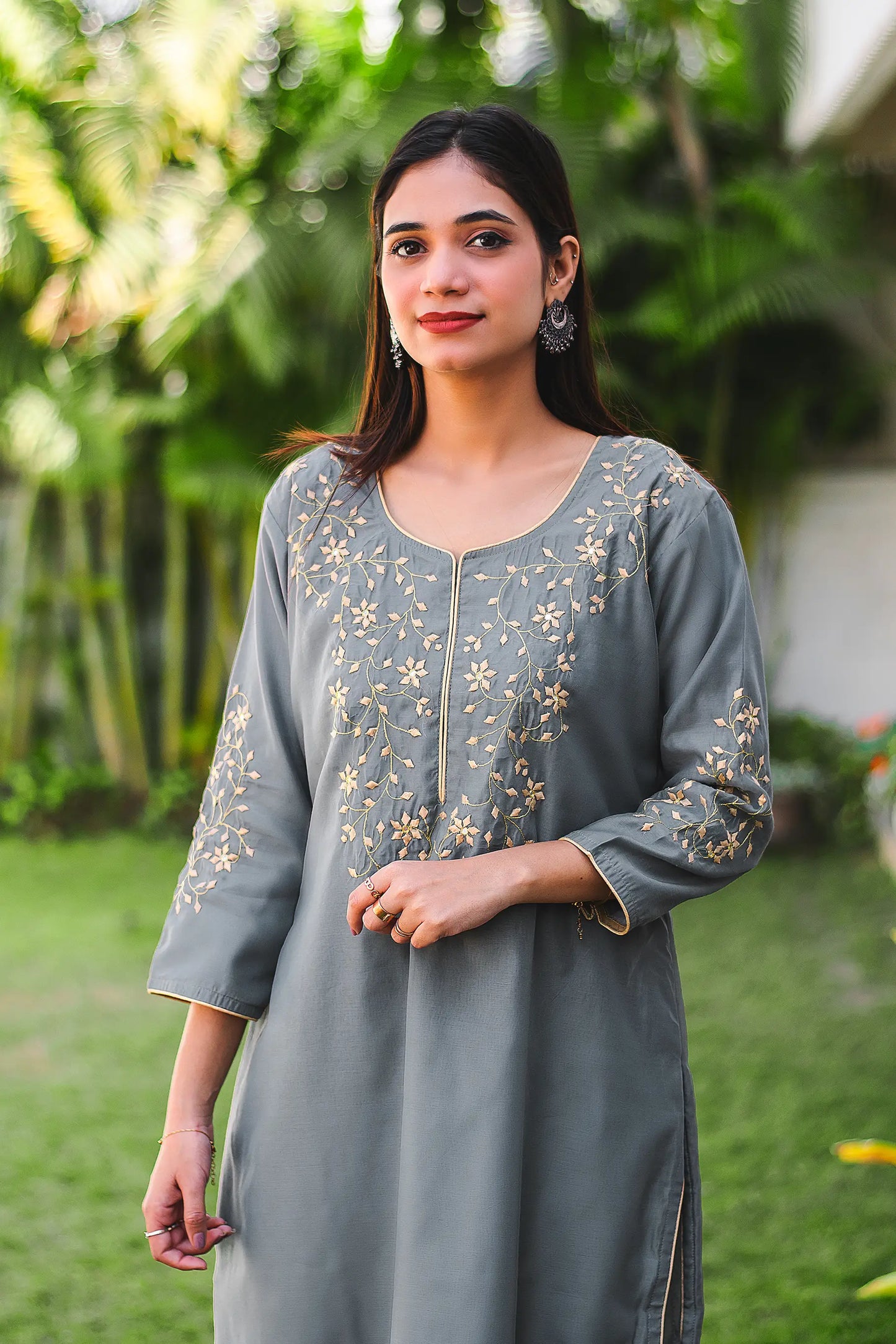 Grey Chanderi Kurti and Dupatta with applique work and Grey Trousers