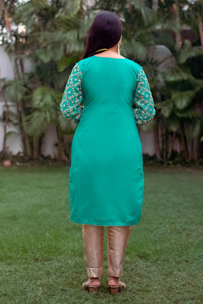 Sea-green chanderi zardozi work kurta and dupatta with golden trousers