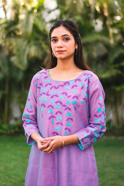 Lavender Kurti Set with Chanderi Applique Work Kurta, Dupatta and Blue Trousers