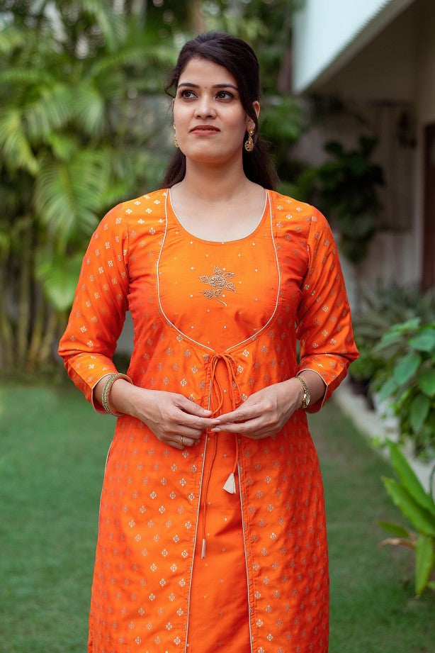 Orange colour silk angrakha kurti with zardozi, orange silk palazzo and orange dupatta