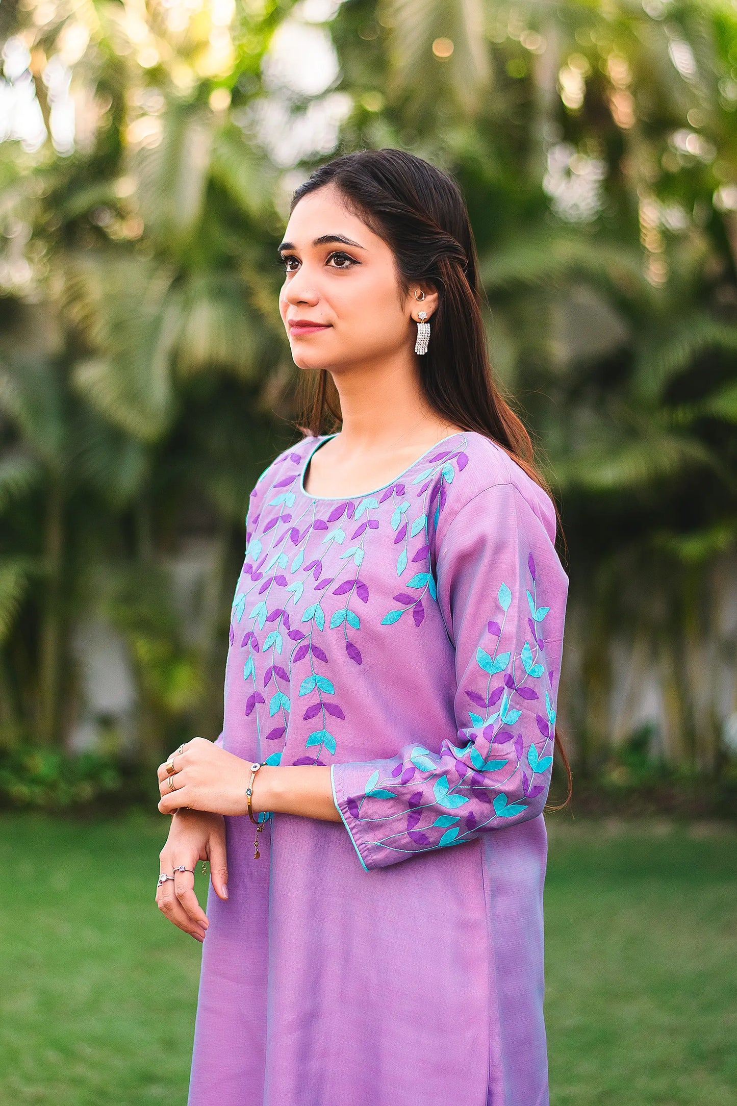 Lavender Kurti Set with Chanderi Applique Work Kurta, Dupatta and Blue Trousers