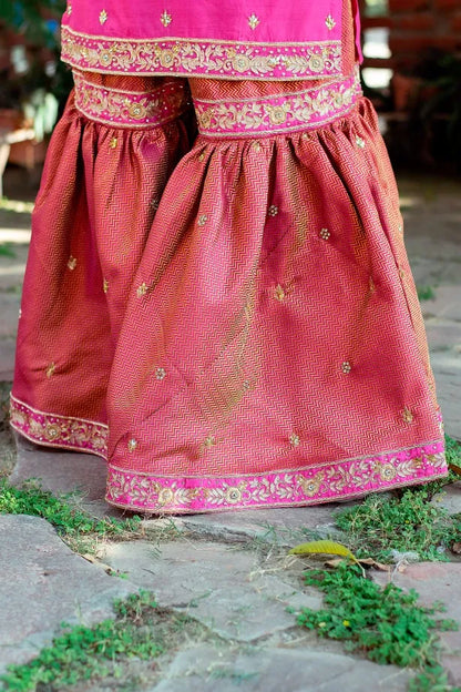 Pink brocade sharara,chanderi kurta and dupatta with zardozi work