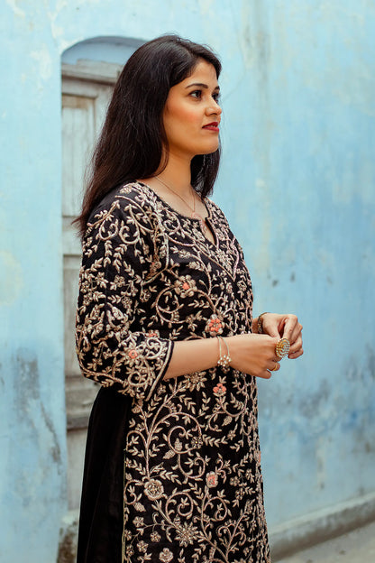 Black silk kurta with zardozi work,black chiffon dupatta and black palazzo