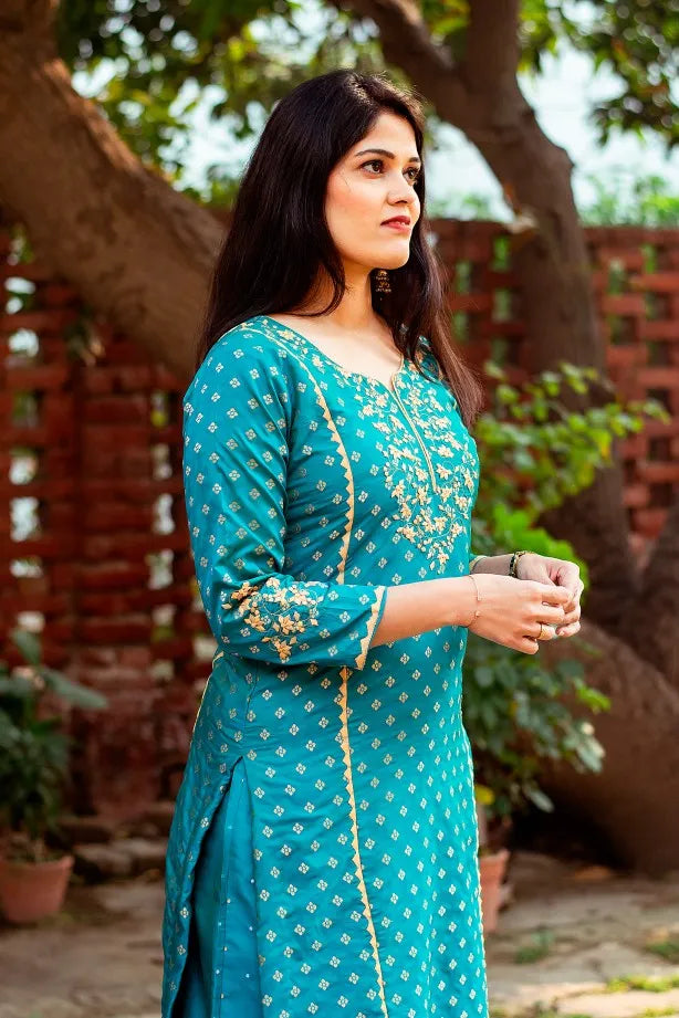 Blue Banarasi Silk Kurta with applique blue silk palazzo and golden tissue dupatta