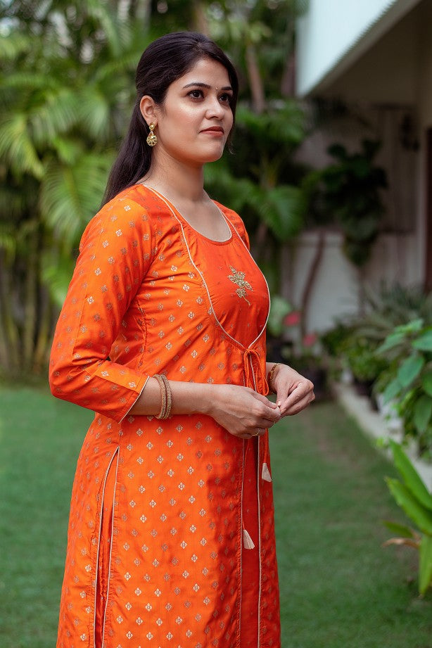 Orange colour silk angrakha kurti with zardozi, orange silk palazzo and orange dupatta