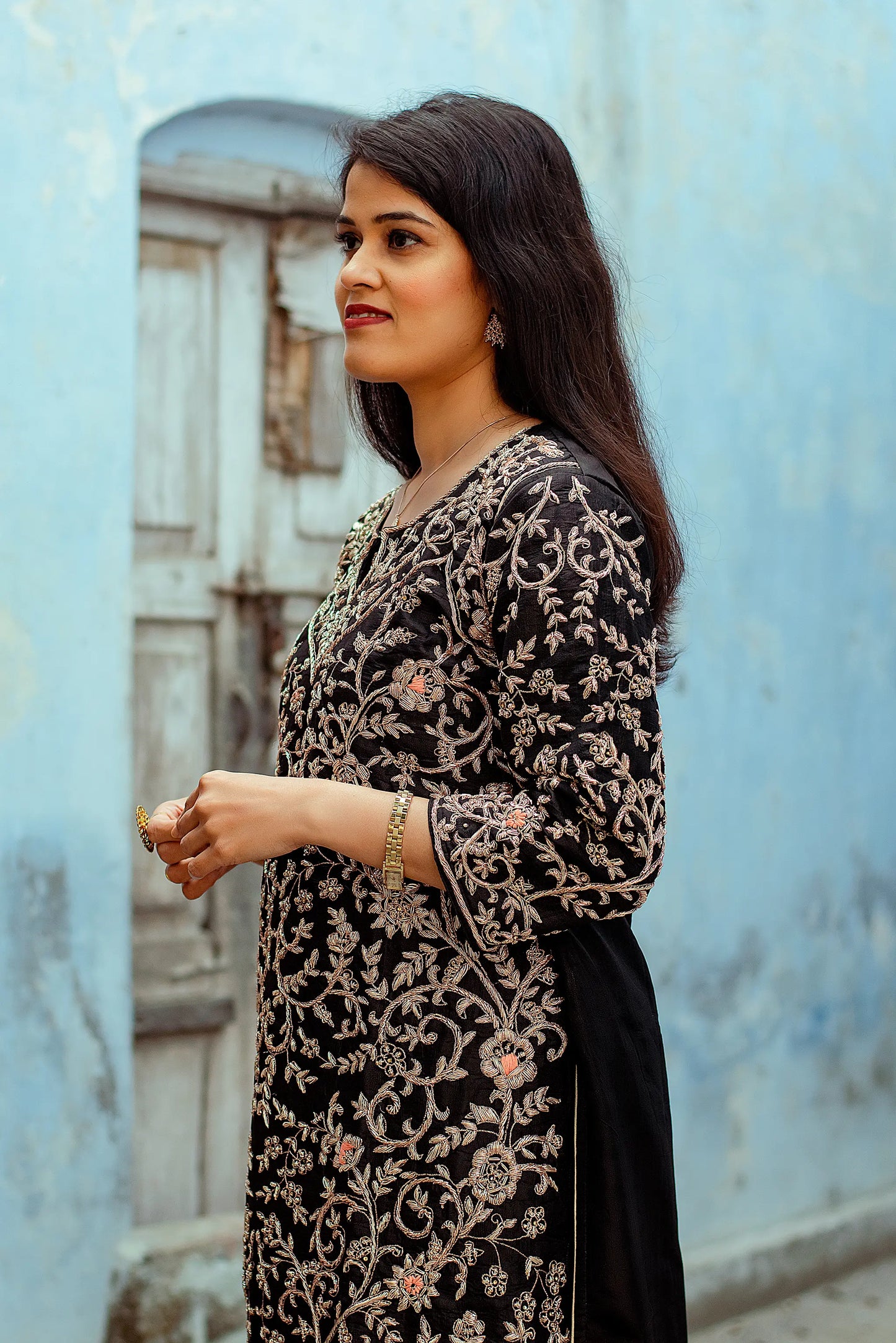 Black silk kurta with zardozi work,black chiffon dupatta and black palazzo