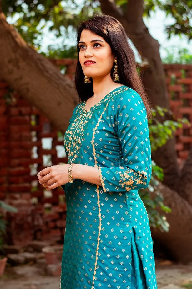 Blue Banarasi Silk Kurta with applique, blue silk palazzo and golden tissue dupatta