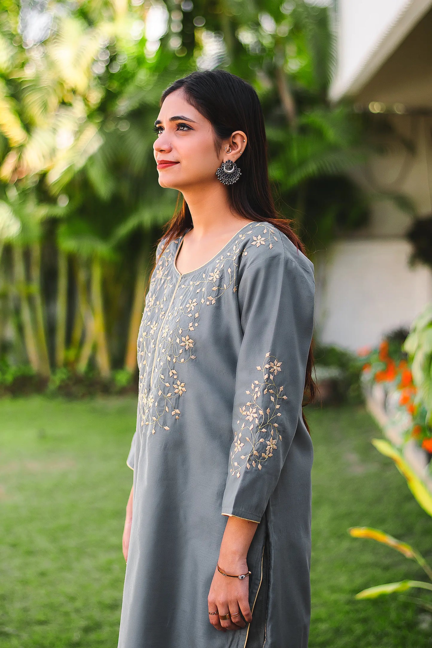 Grey Chanderi Kurti and Dupatta with applique work and Grey Trousers