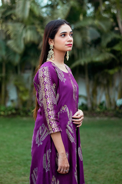 Purple Maheshwari Resham & Zardozi Work Kurta & Dupatta With Purple Palazzo