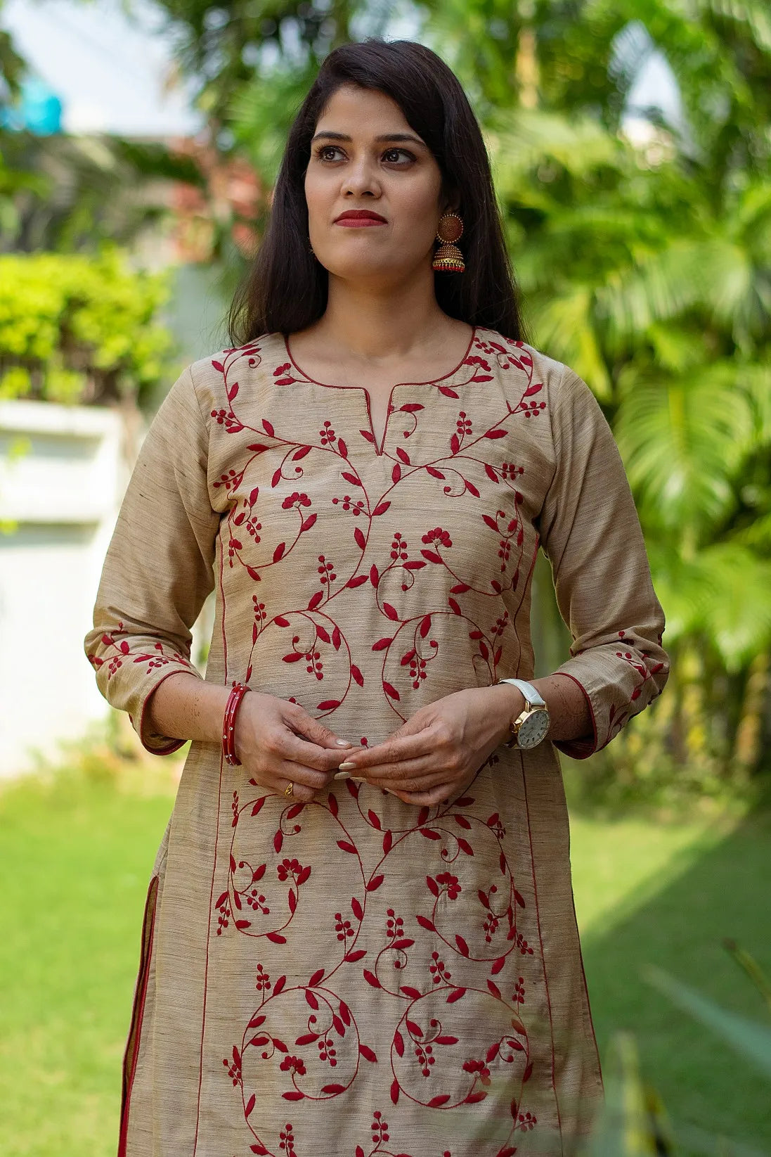 Beige silk applique work kurta & dupatta with maroon palazzo