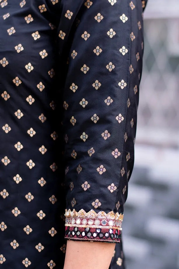 Black Silk Kurta with Zardozi,Black Chanderi Dupatta and Black Palazzo