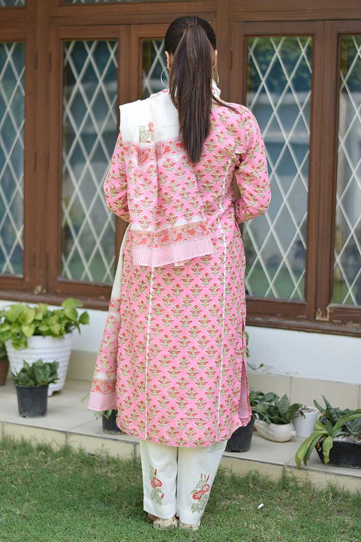 Indian women wearing pink simple applique work suit