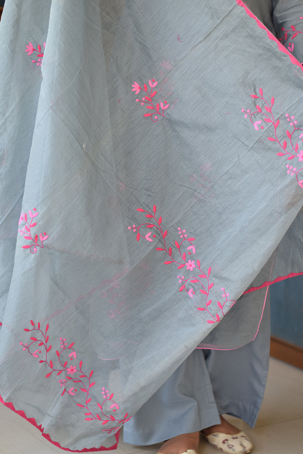 Grey Chanderi Kurta and Dupatta with Pink Applique Work paired with Grey Trousers