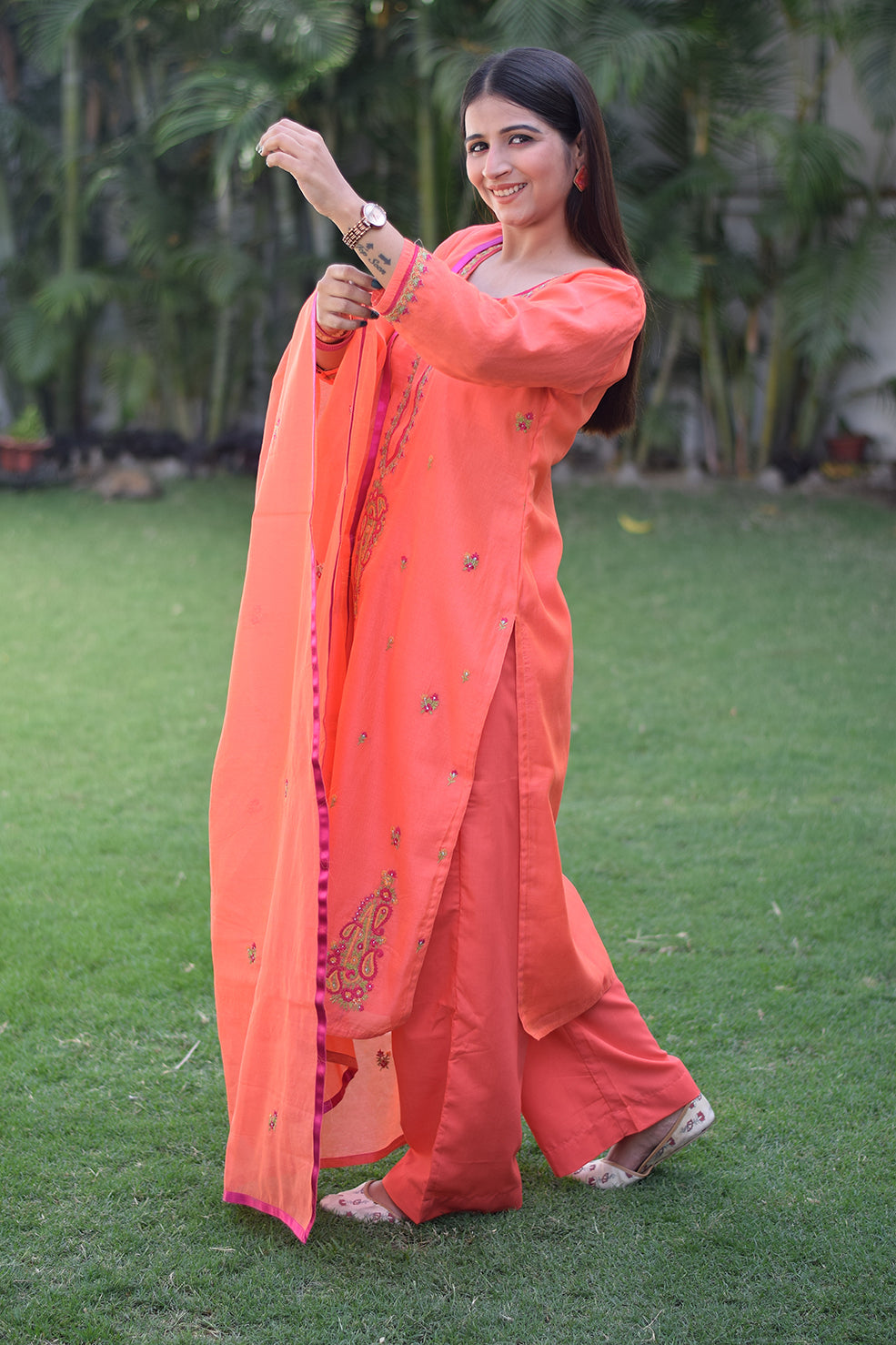 Indian women wearing cotton embroidered kurta