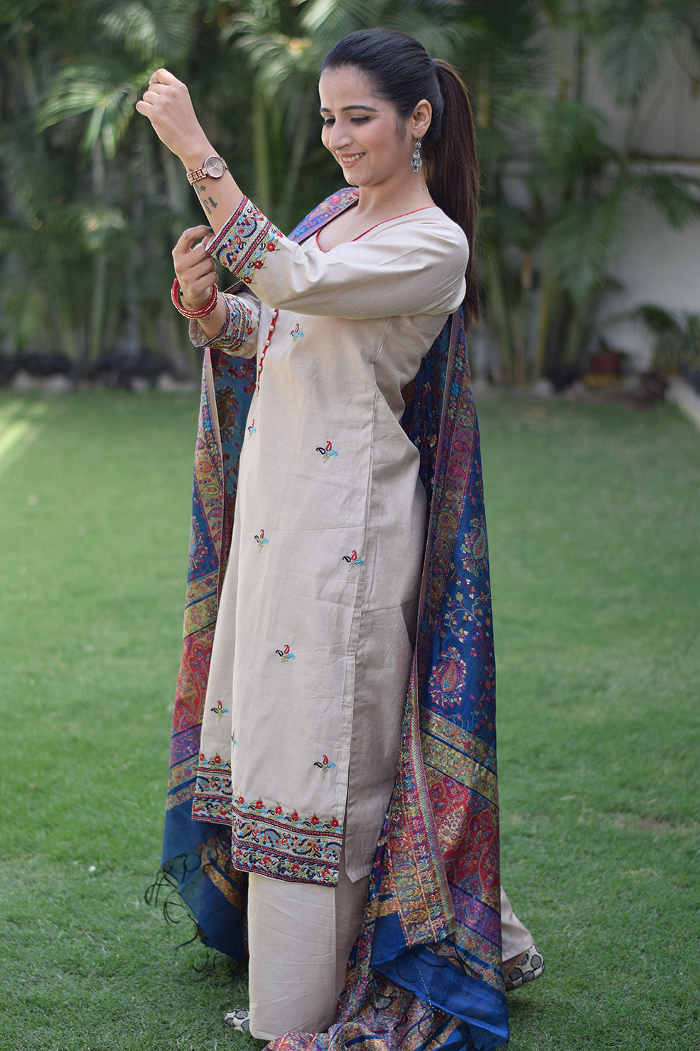 Buy Jamawar Silk Resham Pant Style Suit in Green Online -