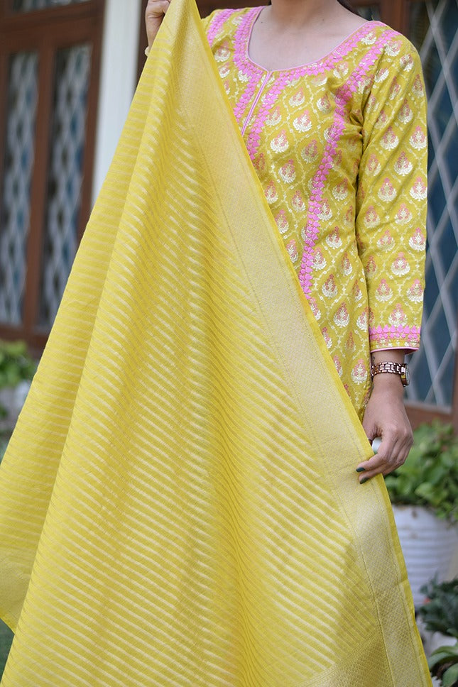 A woman dressed in a classic yellow Banarasi cotton silk kurta, exuding timeless elegance.