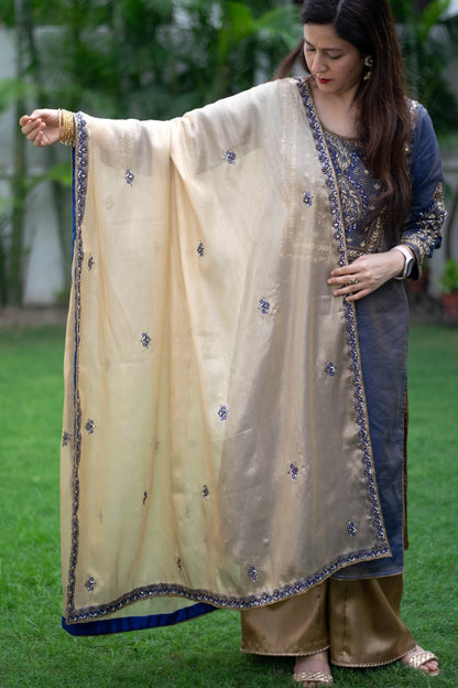 A woman looking elegant in a blue kurta with gold zardozi work, wearing a golden tissue dupatta and palazzo pants.