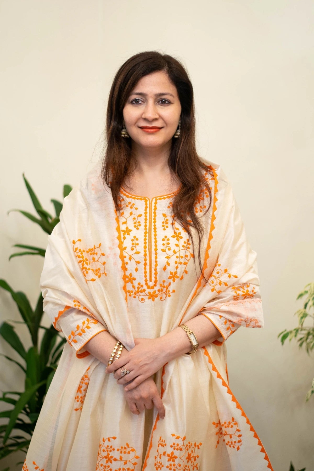 Indian women cream wearing chanderi kurta 