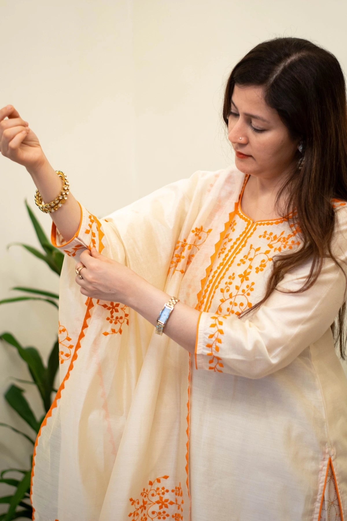 Indian women wearing chanderi kurta with palazzo